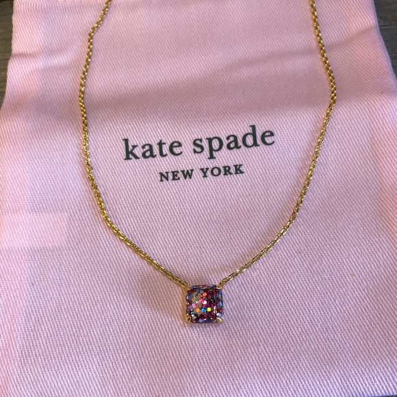 KATE SPADE NEW YORK Multi Color Glitter Square Pendant Necklace, New W/ Pink Bag